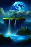 Placeholder: magic a flying island, a waterfall erases it to the ground, soars in the clouds, the moon is visible in the sky, high detail, complex texture, many details, fine drawing, clarity, layering, frame depth, volume of shadows, saturated color, detailed drawing, hyperdetalization, high quality, professional photo, bright colors, backlight, high resolution, 64k,