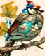 Placeholder: surreal mixed-media illustration of a Blue Jay perched on a textured branch, depicted with a semi-transparent body that reveals an internal aquatic scene.Inside the bird’s torso, Angelfish swim gently in clear water, rendered with scientific-illustration precision and soft painterly textures.The bird’s feathers combine natural realism with subtle graphic stylization, including layered patterns and delicate linework.Surrounding the branch are daffodils and roses, illustrated in a vintage botanica