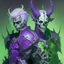 Placeholder: Demonio con armadura verde y negro y casco de calavera posando con un demonio hombre joven de armadura morada y verde con cabellos blancos