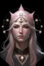 Placeholder: Generate a dungeons and dragons character portrait of the face of a female aasimar. She is a circle of the Stars Druid. Her hair is off-white pink and voluminous. Her skin is very pale. Her eye color is a dark black. She wears celestial circlet of five-pointed-stars. Show her in her starry form.