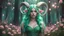 Placeholder: magical ram human hybrid creature with horns wild green colored hair in pastel colored rose forest, trees, flowers, fairy lights, night, 8k, high quality, trending art, trending on artstation, sharp focus, studio photo, intricate details, highly detailed, by greg rutkowski