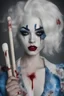 Placeholder: Cruella DeVille, Mugshot, facial, closeup, blue, large, dead woman, blonde, floral designs, atmospheric, beautiful, China Doll, Vampiric, horrifying, blood dripping, brain matter, severed arms and legs, Negan, Baseball bat, barbed wire, a sack, 3 table spoons of salt, Boiling water,