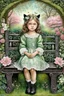 Placeholder: Mixed Media Dry Brush shimmering tones, 3D, highly textured, little girl with pretty green eyes, sitting on an ornate bench with her black cat in the park, flowers, shades of Sage green, white, and pink, beautifully embossed