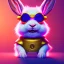 Placeholder: pixar style anamorphic cute smiling baby rabbit, smiling, cyberpunk headphone, sunglass, gangsta gold neckless, full body, magenta puffer jacket, manila city backdrop, dramatic lighting, hyper realistic, unreal engine 5, 16k