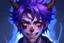 Placeholder: Young anime man with demon horns, fangs, messy purple hair and blue eyes