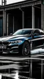 Placeholder: A new model bmw is having washing service, water and foam allover, vintage, dark, outdoor, no building behind