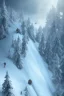 Placeholder: Man on skees trying to escape the avalanche coming down a the slope. Intense action with a sense of stress. High resolution 3d, 8k, trending on artstation. The snow in the background is overwhelming and the air is thick like smoke.