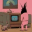 Placeholder: pig watching a tv about video game persona with a rabbit playing music beksinski style