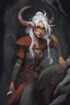 Placeholder: A Dnd character with a long tail and small horns in a dark cave. female Tiefling archeologist with white hair, wearing glasses, in adventurer's clothes. Cunning, beautiful, cool.