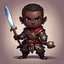 Placeholder: Abnab is a male redguard swordsman with dark skin who plunders tombs for enchantments and treasures, in chibi art style