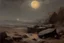 Placeholder: Grey sky with one exoplanet in the horizon, rocks, mountains, 80's sci-fi movies influence, friedrich eckenfelder and alfred stevens impressionism paintings