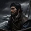 Placeholder: The large angry black haired captain "Boatsman" looking out at a stormy sea realistic grimdark