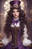 Placeholder: A girl with long, wavy dark brown hair, purple eyes, dressed in steampunk clothes, Nutcracker style
