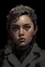Placeholder: Portrait of a young woman with short black wavy hair. Include a short black horn on her forehead, and make it distinctive. include gray eyes, with a dark tanned skin complexion. Draw the portrait in the style of Yoji Shinkawa.
