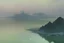 Placeholder: distant modern city, sea, mist, rocks, lake reflection, epic, sci-fi, claude monet painting