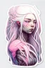 Placeholder: a sticker of a woman with a long white hair and a veins connected to hair and head, dan mumford and alex grey style, trending on artstaion, pink skin, portrait of anime woman, inspired by Karol Bak, porcelain looking skin, connectedness, twitter pfp, yosuke ueno, blonde girl, anatomically perfect, biopunk armor