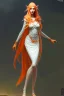 Placeholder: painting of a tall elven young woman with short light orange hair and freckles on the cheak bones and tall body of a topmodel light clothes, long shot, ultra realistic, concept art, intricate details, eerie, highly detailed, photorealistic, octane render, 8 k, unreal engine. art by artgerm and greg rutkowski and charlie bowater and magali villeneuve and alphonse mucha