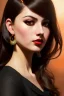 Placeholder: young woman, brown hair, dark orange eyes, hoop earrings, red blouse, elegant, dark eyeshadow, black eyeliner, high arch angular eyebrows, head and shoulders portrait, 8k resolution concept art portrait by Greg Rutkowski, Artgerm, WLOP, Alphonse Mucha dynamic lighting, hyperdetailed, intricately detailed, Splash art trending on Artstation