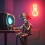 Placeholder: a cyberpunk hacker pirate captain skeleton drinking beer with a pirate hat sitting in front of a huge old crt monitor in a dark room , only light coming from crt monitor, highly detailed, intricate, digital art, trending on artstation, trending on cgsociety, by greg rutkowski