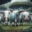 Placeholder: far in the distance five big crepy-cute weird creatures stand on four legs on eart , on tube heads is one giant eye , gray-white-pale blue color skin, with big cow udders on the belly between their legs,, without ears ,peacefully grazing the grass, background is a jungle, rain, detailed, sci-fi, fantasy, cinematic