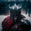 Placeholder: head photo of a strong warrior man wearing an iron knight helmet, full face cover, extreme cold stormy and windy weather, cold forest tundra, cinematic and dramatic photo, EXTREME snowy and ruthless environment, Glowy Red Eyes