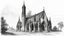 Placeholder: Ground-level black-and-white outline sketch of ruined gothic church with a tall, crooked roof and chimney