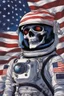 Placeholder: A close up of a skeleton face looking shocked, in an astronaut helmet and suit floating in space. inside the hollow eyes are red shining lights, scary. On his suit is an American flag and in his one hand is a small wavering American flag, on it is written "boned in the USA". From the back of his suit is blowing out blue, white and red smoke. Realistic, 8k, highly detailed, funny