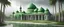 Placeholder: Hyper Realistic massive huge green mosque with white flags on the roofs at a rainy day with grassy pathway, palm trees