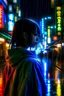Placeholder: Anime girl in tokyo rainy night with neon lights from her back point of view