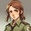 Placeholder: Young woman with neck length auburn hair in a low ponytail, side swept bang, amber eyes, olive skin tone, deputy sheriff shirt, anime style, front facing, looking into the camera,