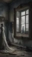 Placeholder: An old dusty wedding dress hanging on the wall by a broken mirror on the wall of an abandoned room , stormy foggy sky in the from the window in the background, Bosch painting style, sad and tragic and dark scenes