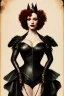 Placeholder: painting of christina hendricks as evil queen in black leather, feminie, angry, volouptous, busty, cleavage, emperious, mature, highly detailed, digital painting, artstation, concept art, smooth, sharp focus, illustration, art by gaston bussiere and alphonse mucha