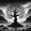 Placeholder: striking black metal album art depicting a spiky tree of life in a barren landscape, black and white