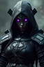 Placeholder: Female warforged samurai, with round purple glowing eyes, dark hood, full body, in hell, samurai armor,