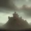 Placeholder: franz frazetta style, castle siege, heavy clouds, hills in the distance, siege weapons