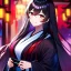 Placeholder: Clear focus, 8k, beautiful lighting, vibrant colors, girl, black long hair, vibrant red eyes, hair in between the eyes, smile, kimono