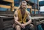 Placeholder: photo of typical full body viking tribe beard blonde flowerw-tattoos gym hairy raw cyberpunk sailorman works on board of cargo china container large ship, gilet yellow knitted, stormy rainy day, mid age, health, wellness, in 70's style movie by Brian De Palma