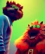 Placeholder: Realistic bedroom scene. big furry monster sitting next to human girl from behind. Wes Anderson style. Red hair, smile, happy, gradient color fog. highly detailed, concept art, unreal engine 5, ray tracing, RTX, lumen lighting, ultra detail, volumetric lighting, 3d, finely drawn, high definition, high resolution.