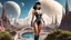 Placeholder: Photorealistic, full Body Photo Of An Exotic Sci-Fi Pin-Up Girl, With dark Hair with Bangs, on an alien Planet With Cloud Trees, Tall Spires, Buildings, Bridges, Arches