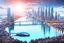 Placeholder: Dreamlike Skyline of Downtown futuristic hightech city in 4050 and a stunning futuristic Bridge During Sunlight over the azur-silver color river, cold colors, high detalied, sci-fi, landscape