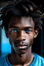 Placeholder: portrait of a tall 18 year old boy with black skin and caucasian looking; light blue eyes and full lips, cool hair