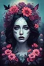 Placeholder: soft colorful-hued colors, dark and grim surreal illustration, psychedelic flat illustration, a beautiful woman with a tired expression is wearing dead flowers, by Jeff Soto
