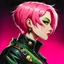 Placeholder: side face,profile picture,2dcg,anime art style,golden and green color,pink short hair ghoul biker lady,pure black color background,gore,violence,Decapitation,dismemberment,disturbing,Monster,guts,morbid,mutilation,sacrifice,butchery,meathooks,no hands,do not draw hands