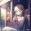 Placeholder: anime girl sitting on a porch swing of an old house, journaling, wearing pajamas,sitting next to a cup of coffee, writing in a book, shes watching it rain, more detail on hands and her face,shes deep in her thoughts, wearing glasses, rain drops