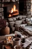 Placeholder: cozy vibes art tea and stone fireplace