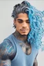 Placeholder: longish light blue wavy hair, brown skin, grey eyes, tattoos, black turtle neck clothing, hispanic