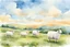 Placeholder: there are apple-shaped sheep clouds in the blue sky. Cartoon style. watercolor.