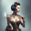 Placeholder: steampunk, woman listening to music, full-body