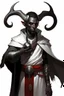 Placeholder: En Young male Black skin black hair tiefling Wizard with large horns glowing Silver and White symbols Everywhere on his body. He's wearing silver and White Rope and a silver cloak. His horn a perfectly place on acet from the front to the back pointing upwards with glowing Red cat Eyes. His close is elegant get simple his horns Are Same size.