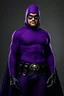Placeholder: full-length, A portrait of a the Phantom, a man with piercing blue eyes, a chiseled jaw, goatee, timeless face, stern expression, Wearing a tight fitting purple cotton hero suit with a cowl that fits tight to his head, but does not cover his face, he wears a thin, black leather, bandit eye disguise over his eyes, black and blue diagonally striped trunks, dual-holstered pistol belt adorned with a triangle skull-shaped buckle with leg straps, Knee-high black leather boots